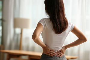 Woman experiencing lower back pain h, a Photo by Pixeness Studio