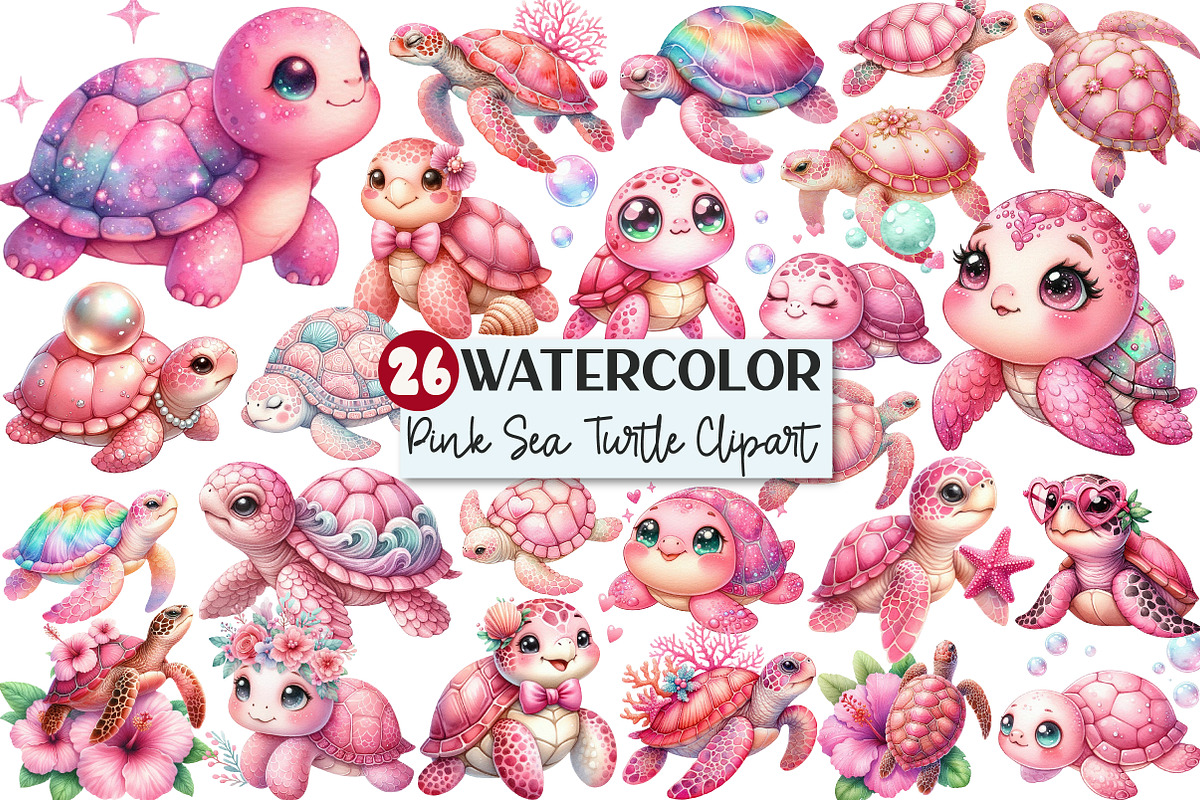 Watercolor Pink Sea Turtle Clipart, an Illustration by Rose Art (Photo 1 of 7)