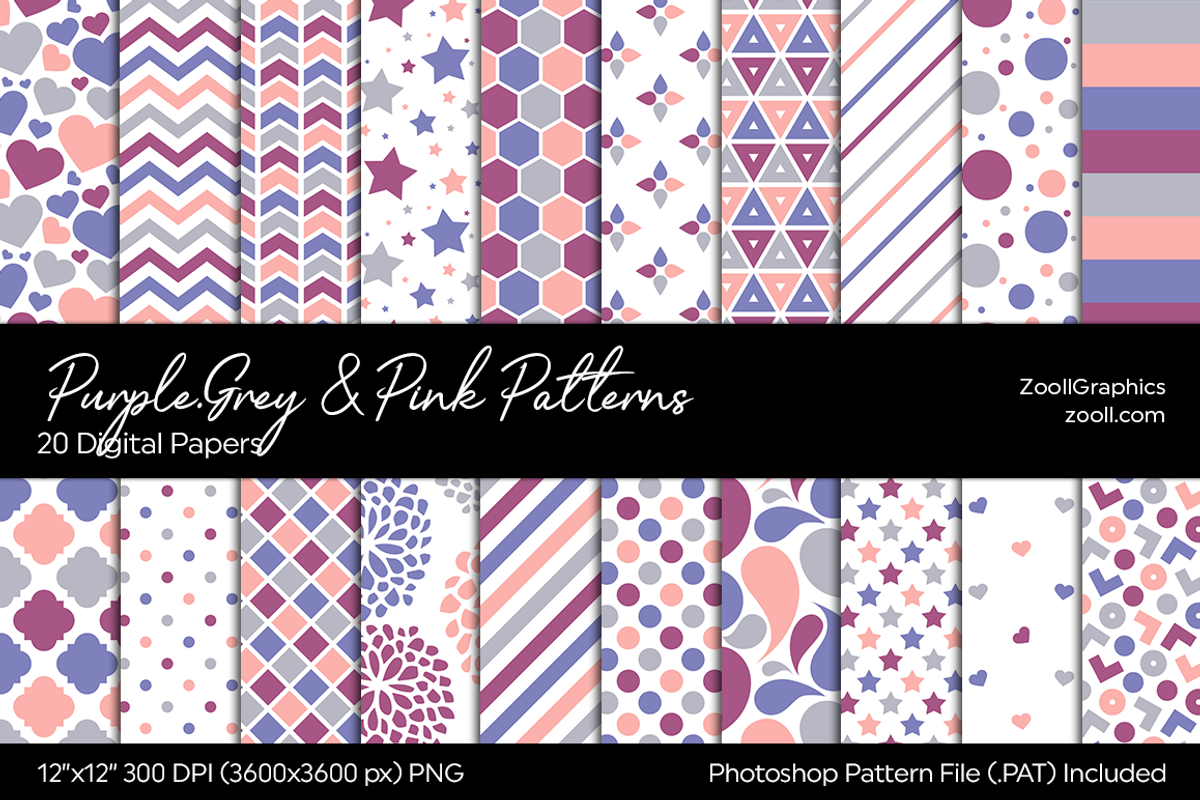 Purple, Grey And Pink Digital Papers, a Pattern Graphic by ZoollGraphics