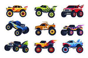 Colorful monster trucks. Aggressive, a Transportation Illustration by YummyBuum