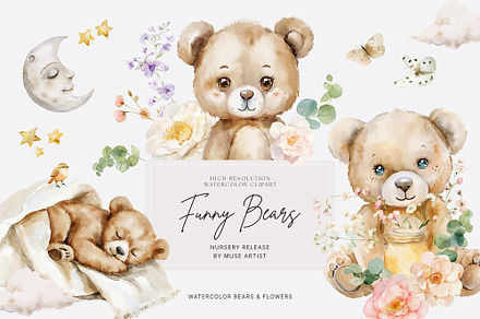Funny Bears Watercolor Collection, a Decorative Illustration by Muse Artist