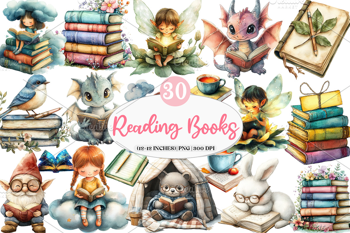 Reading Books Clipart, an Illustration by Watercolor design (Photo 1 of 4)