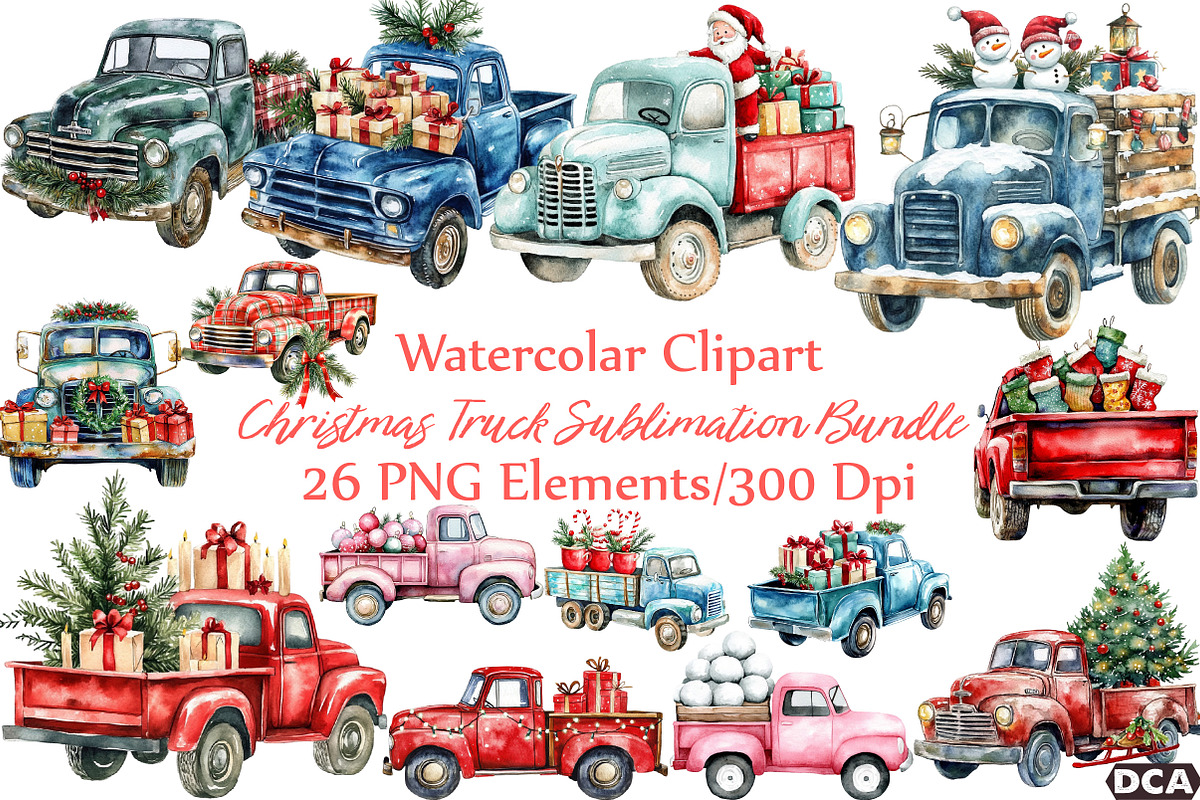 Christmas Truck Sublimation Clipart, an Illustration by DreamCafeArt (Photo 1 of 7)