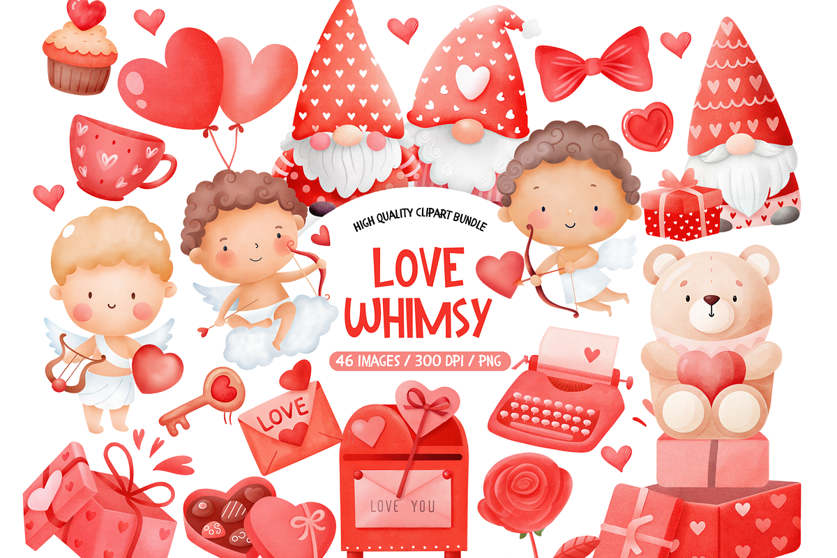 Cute Love Whimsy Valentines Clipart, an Illustration by TatiMockup (Photo 1 of 6)