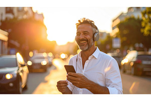 Man joyfully listening to music with, a Person Photo by Igor Tichonow
