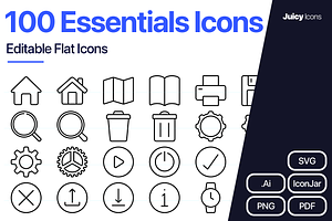 100 Essentials Line Vector Icons, an Outline Icon by Juicy Icons