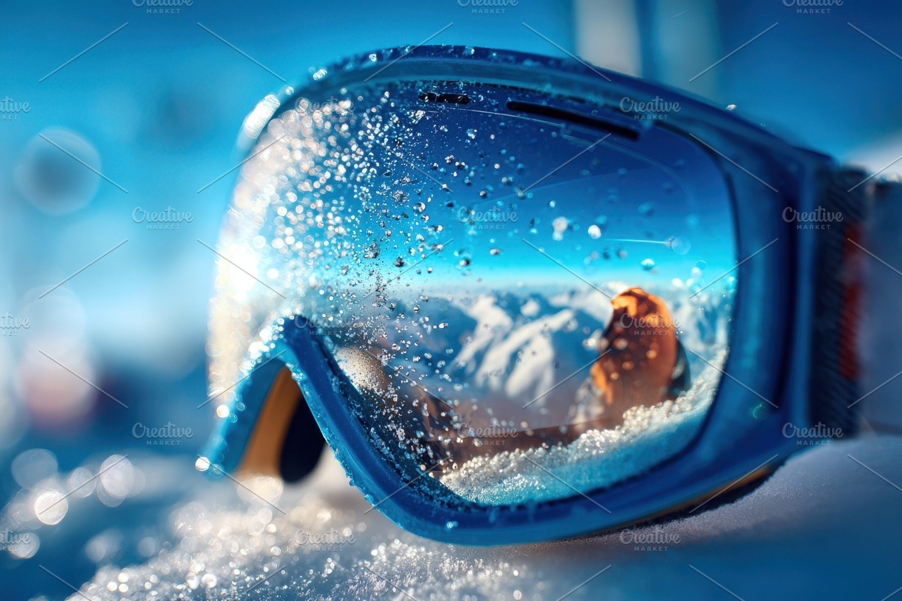 Ski goggles reflecting snowy mountain peaks, a Sports & Recreation Photo by AlyaAnd