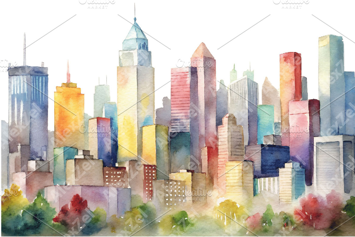 Watercolor Cityscape PNG Skyscraper, a Decorative Illustration by AlexZeL (Photo 3 of 5)