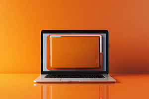 Laptop screen shows orange file icon, a Photo by Pavel_design