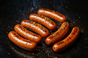 Grilled sausages sizzling on hot sur, a Food & Drink Photo by professorinc