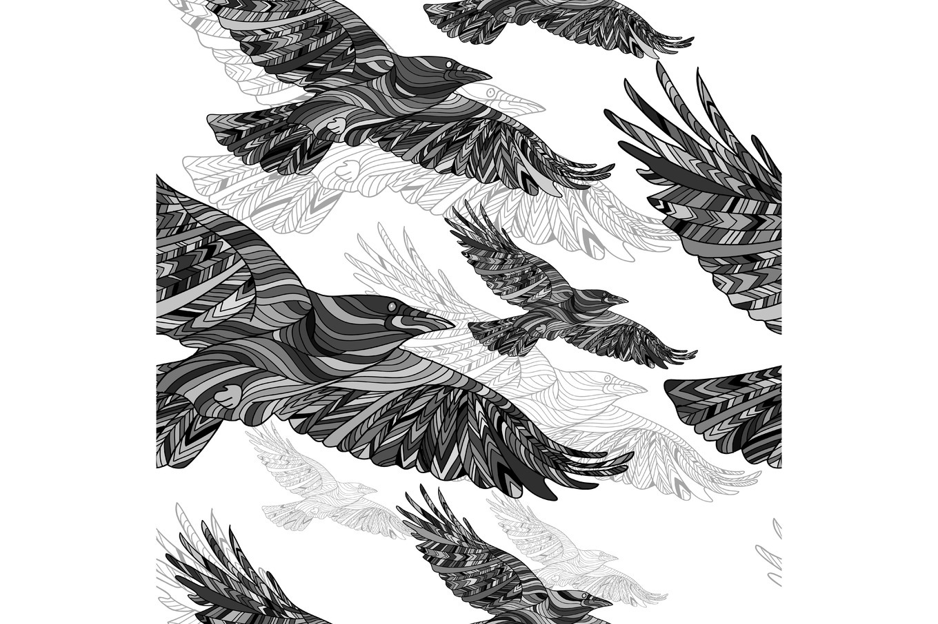 Seamless pattern of Hand-drawn crows with ethnic floral pattern ...