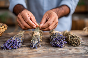 Hands tying bundles of dried lavender in a rustic workshop setting, a Photo by AlyaAnd