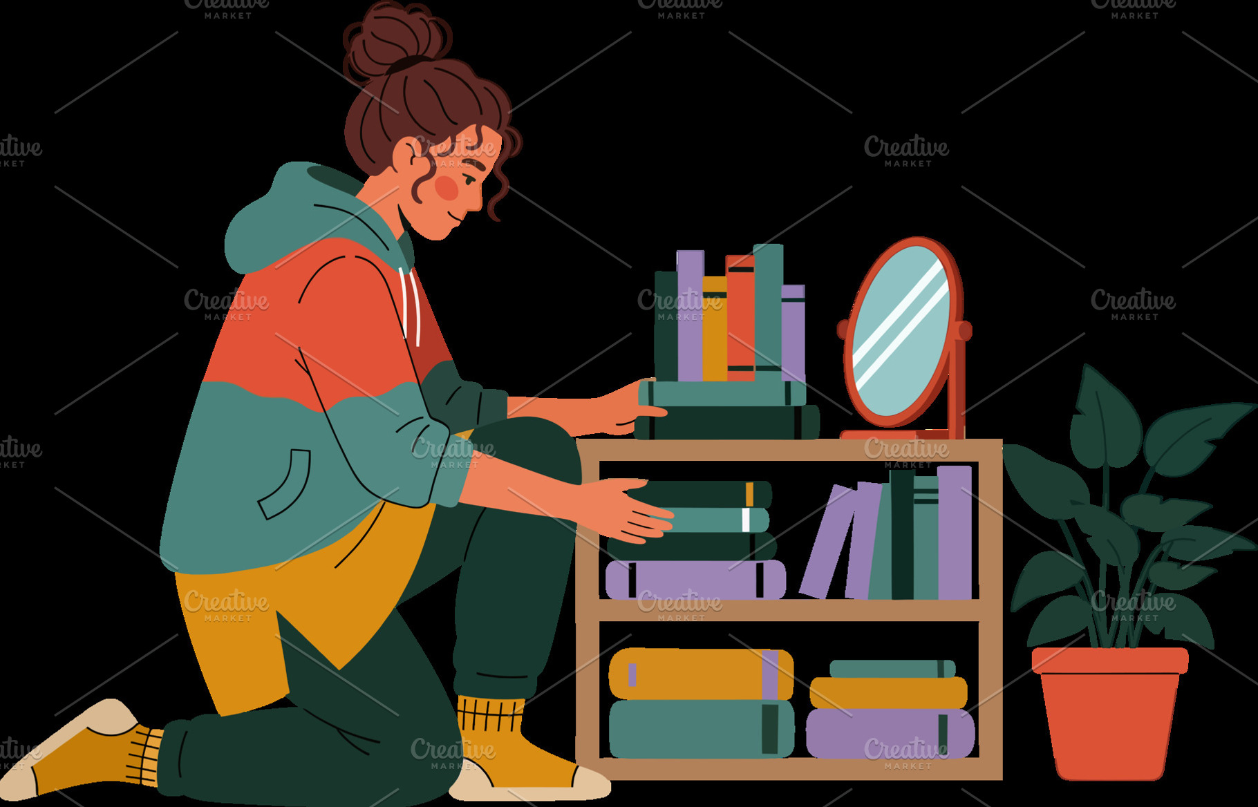 Young woman organizing books on a wo, a Person Photo by angellodeco