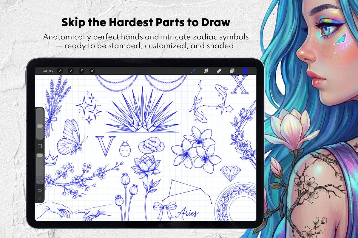 250 Floral Tattoo Procreate Stamps, a Brush Add-On by Selentaori Studio (Photo 8 of 11)