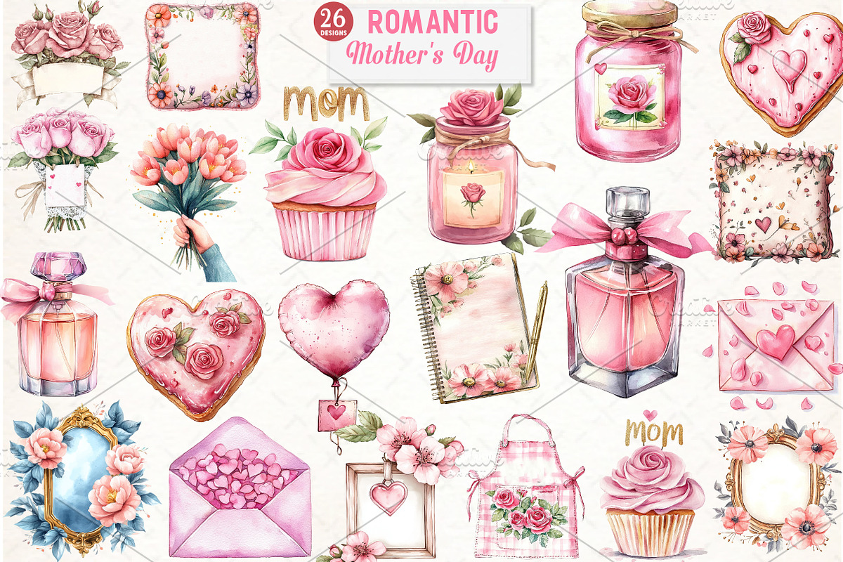 Romantic Mothers Day Clipart, an Illustration by Watercolor design (Photo 1 of 10)