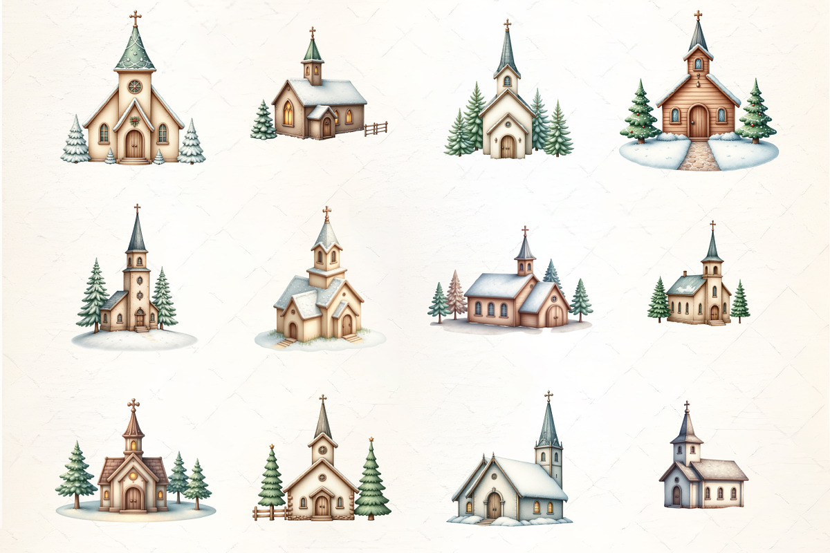 Holiday Snowy Church Clipart, an Illustration by CrexoraLab (Photo 3 of 5)