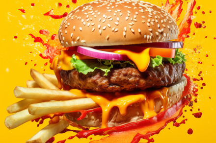 hamburger with cutlet grilled on a yellow background, a Food & Drink Photo by Natalia Klenova's Shop