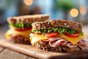 Delicious multigrain bread sandwiches layered with gouda cheese and fresh veget, a Food & Drink Photo by AlyaAnd
