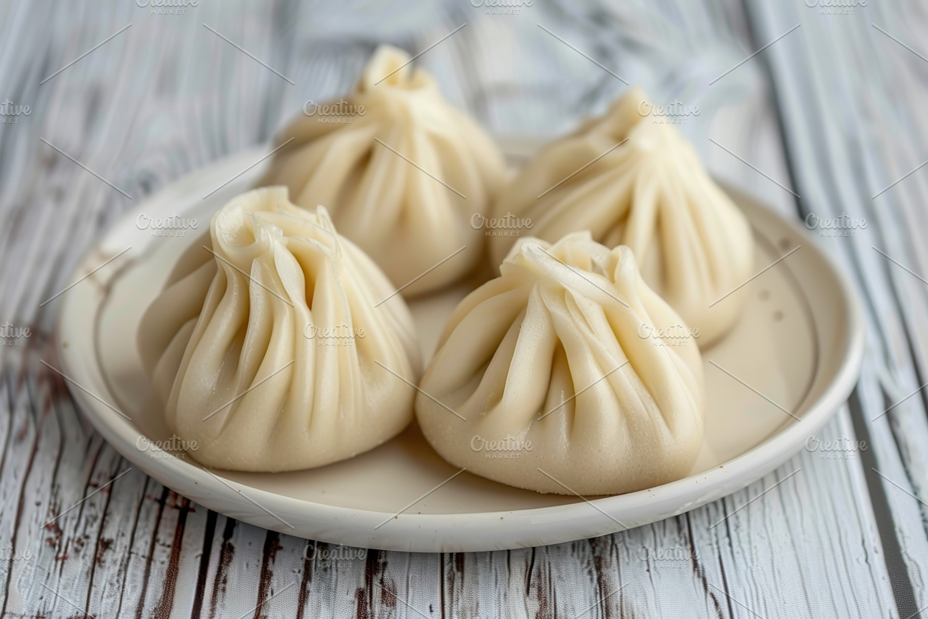 Homemade meat khinkali in plate on wooden table, a Food & Drink Photo by AlyaAnd