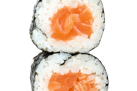 Two maki isolated on white background, close up, a Food & Drink Photo by AtlasStudio PRO