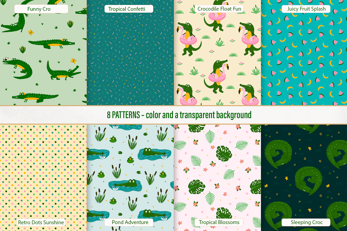 Summer Crocodile Patterns & ClipArt, an Animal Illustration by PenguinArtStudio (Photo 2 of 12)