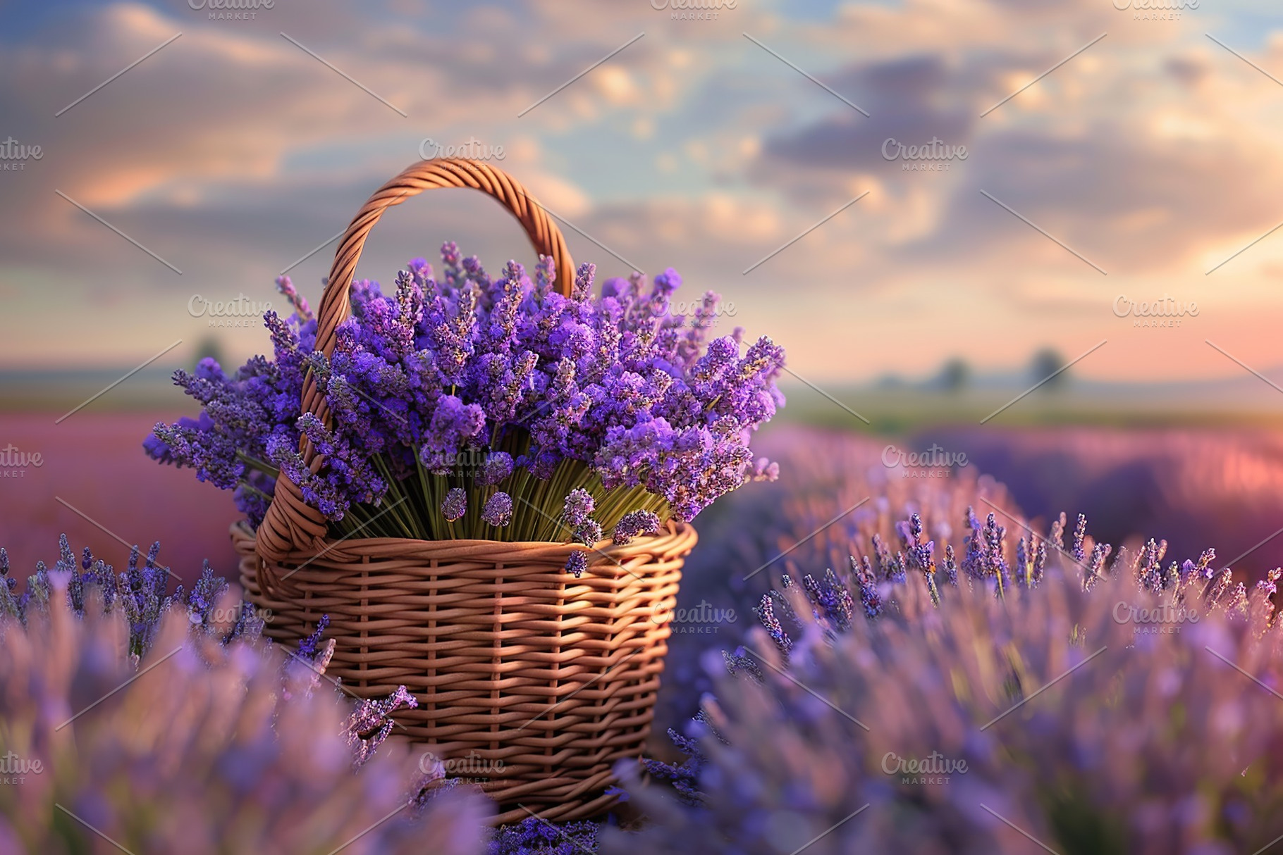 Basket with lavender flowers on lavender field background, a Photo by AlyaAnd