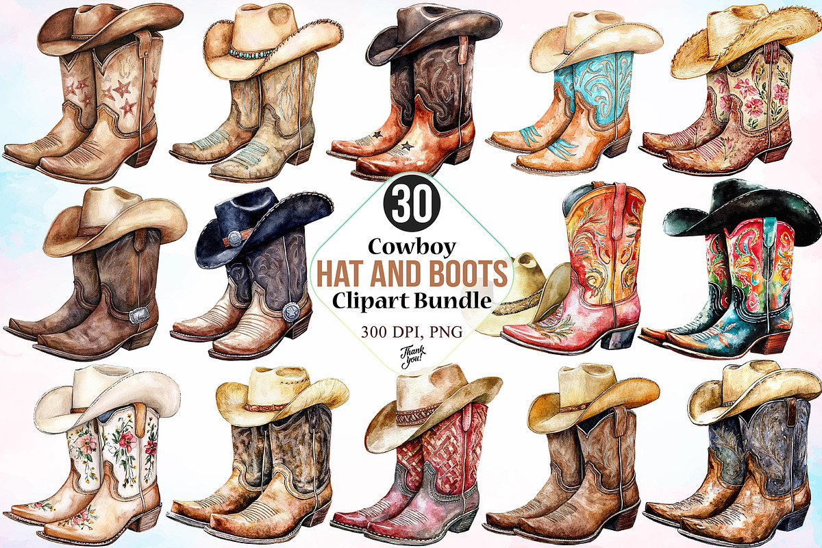 Cowboy Hat and Boots Clipart Bundle, a Seasonal Illustration by Canvas Craft (Photo 1 of 3)