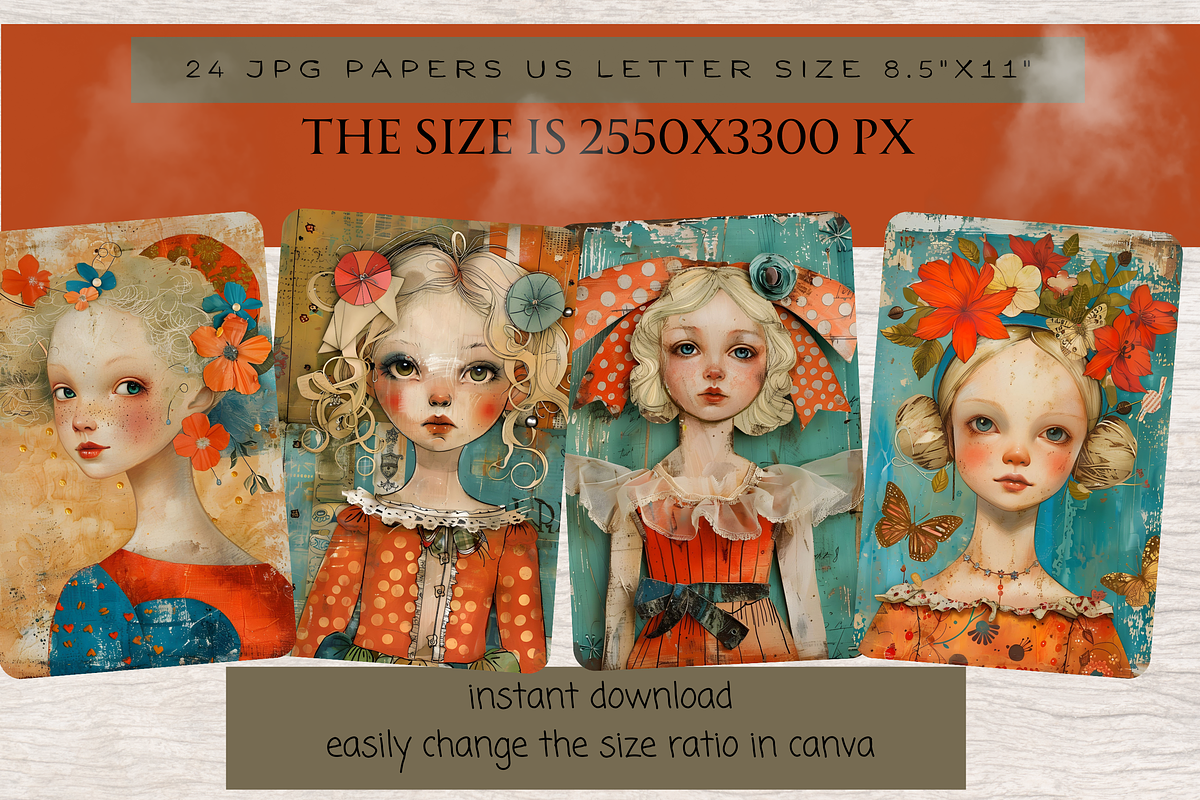 ORANGE WHIMSICAL GIRLS JUNK JOURNAL, a Person Illustration by Daring Digies (Photo 4 of 6)