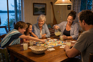 Family playing board game at lakehou, a Photo by Dvoevnore photos