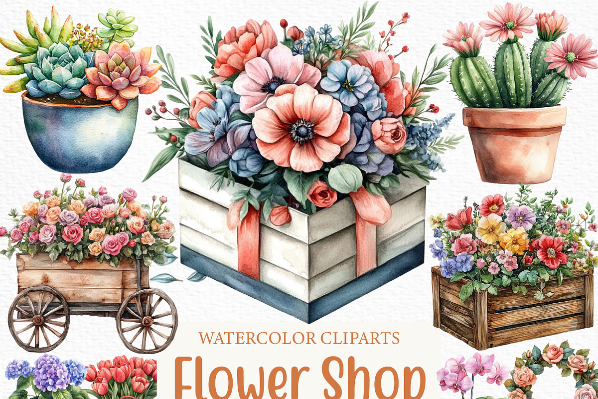 Watercolor Flower Shop Clipart, an Illustration by Craft Nest (Photo 1 of 6)