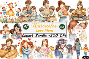 Love Mom Watercolor Clipart, an Illustration by DreamCafeArt