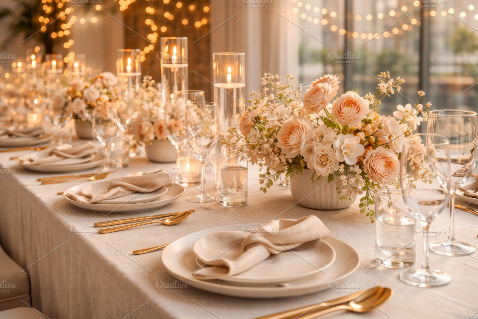Elegant wedding table setting with f, a Photo by Dvoevnore photos