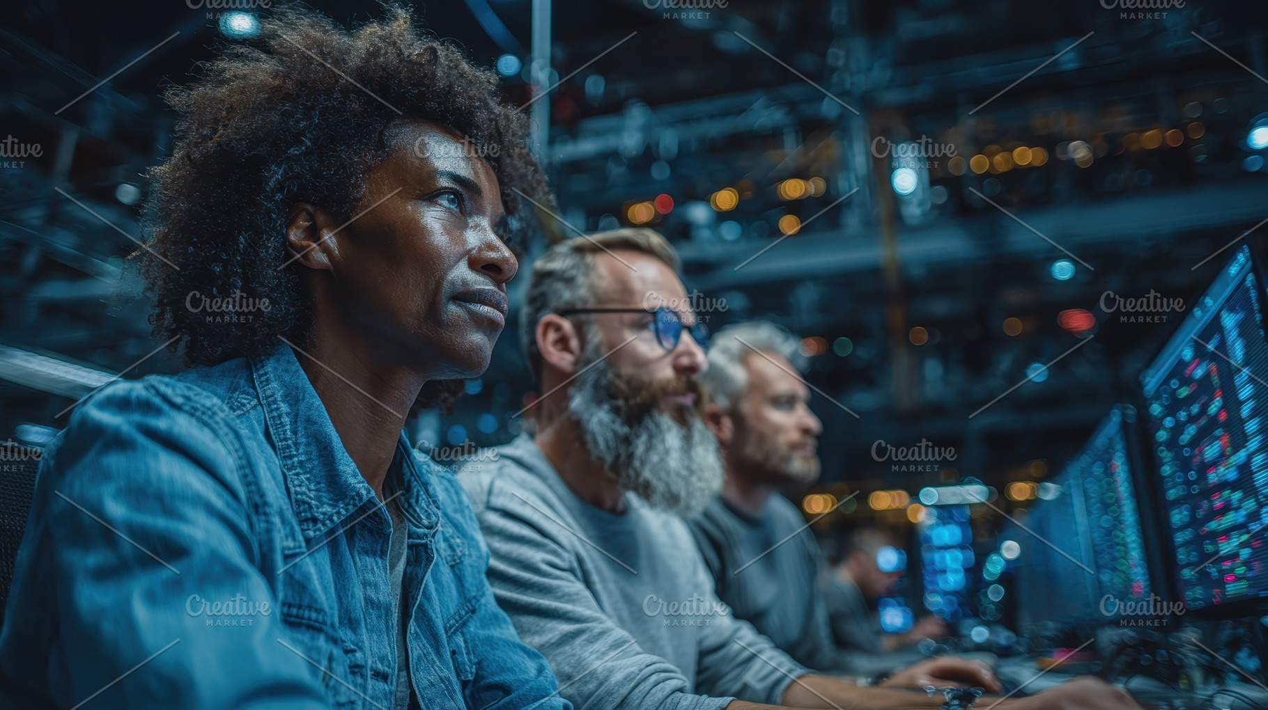 Diverse team working late on compute, a Photo by Pixeness Studio