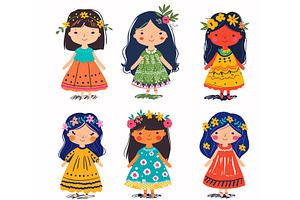 Six diverse cartoon doll girls, a Person Illustration by Vectorstockersland
