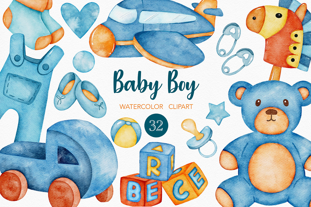 Baby Boy Toys watercolor clipart, a Decorative Illustration by LuiDesignStudio (Photo 1 of 5)