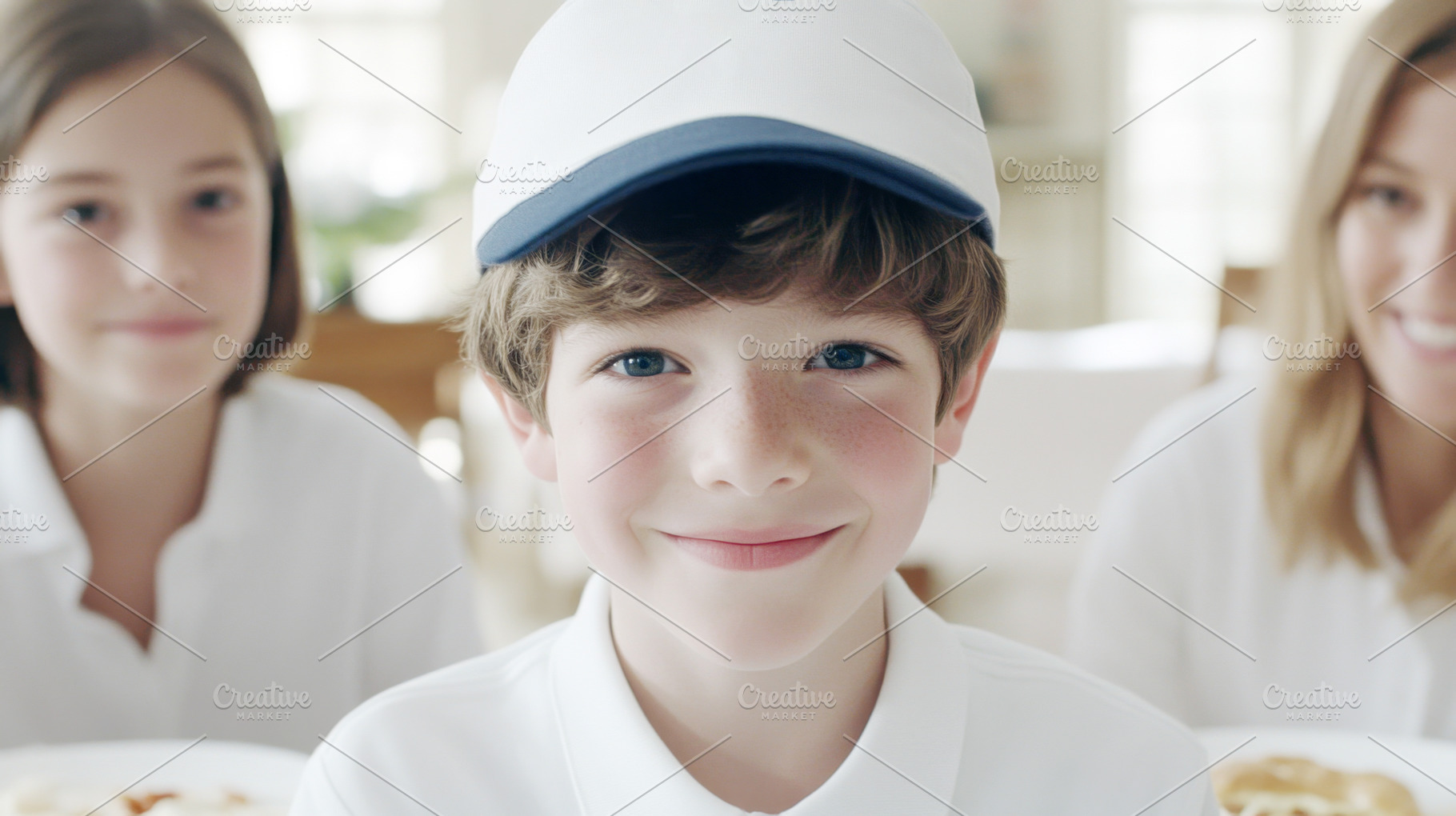 Child smiling in casual setting with, a Photo by Dvoevnore photos