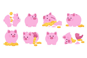 Broken cartoon pig bank. Break piggy, a Finance Illustration by LadadikArt