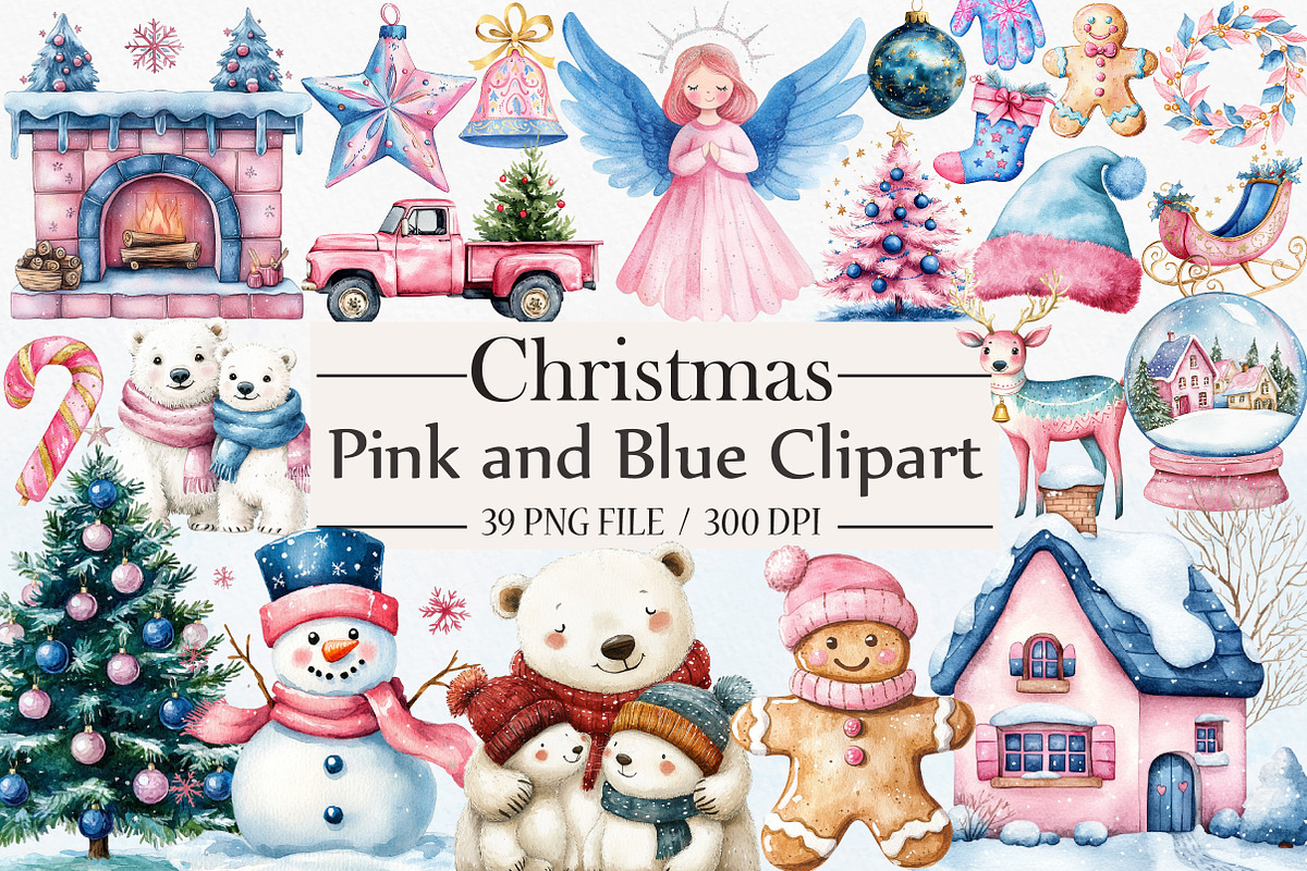 Pink and Blue Christmas Clipart, an Illustration by Libby Wishes (Photo 1 of 7)