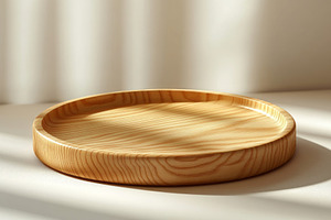 Elegant wooden tray with a smooth finish, beautifully lit by soft natural light, a Background Photo by ImageMir