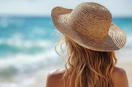 Woman enjoying a peaceful walk along a sunlit ocean beach in summer, a Person Photo by AlyaAnd