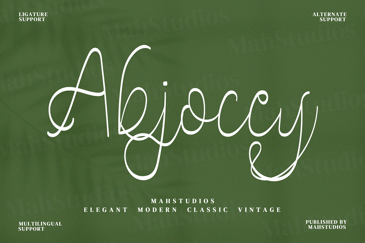 Abjoccy Script Fonts, a Script Font by mahstudios (Photo 1 of 14)