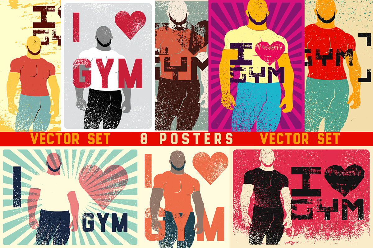 I Love Gym. Grunge vector set., a Person Illustration by PoPaShop (Photo 1 of 9)