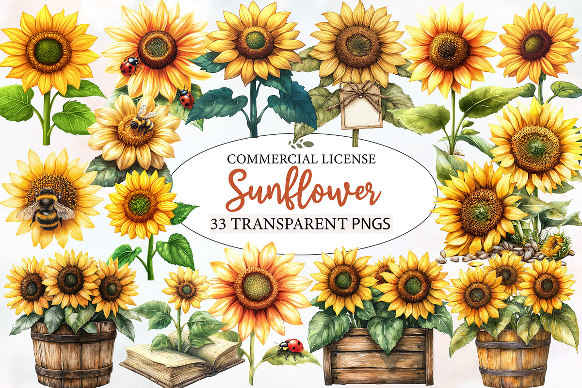 Watercolor Summer Sunflower Clipart, an Illustration by Designworld (Photo 1 of 5)