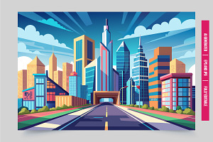 Cartoon city road blue sky, an Illustration by Tanuart