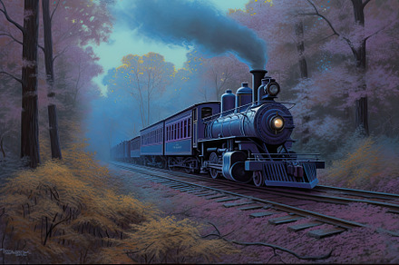 Beautiful and elegant vintage train traveling through a forest in purple and br, a Wallpaper Photo by José Manuel Gelpi