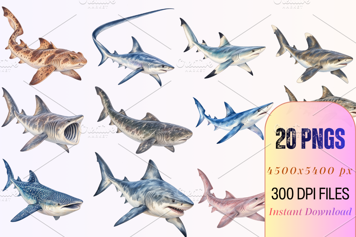Watercolor Shark Clipart PNG Bundle, an Animal Illustration by Ink Gallery (Photo 4 of 7)