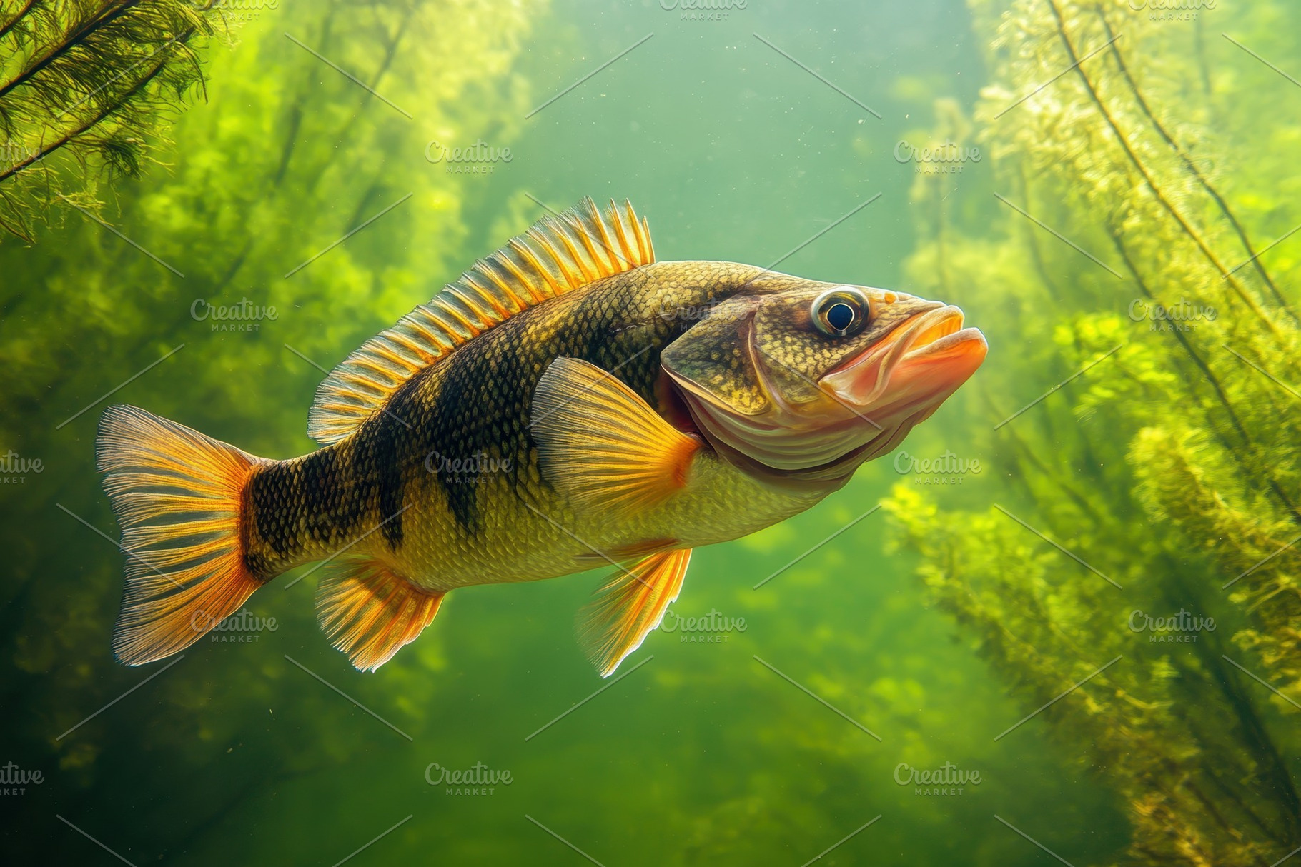 A big freshwater perch swimming, a Photo by Pavel_design