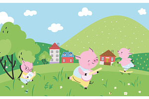 Three pigs plays on meadow. Cartoon, an Animal Illustration by Valerie Bodnar