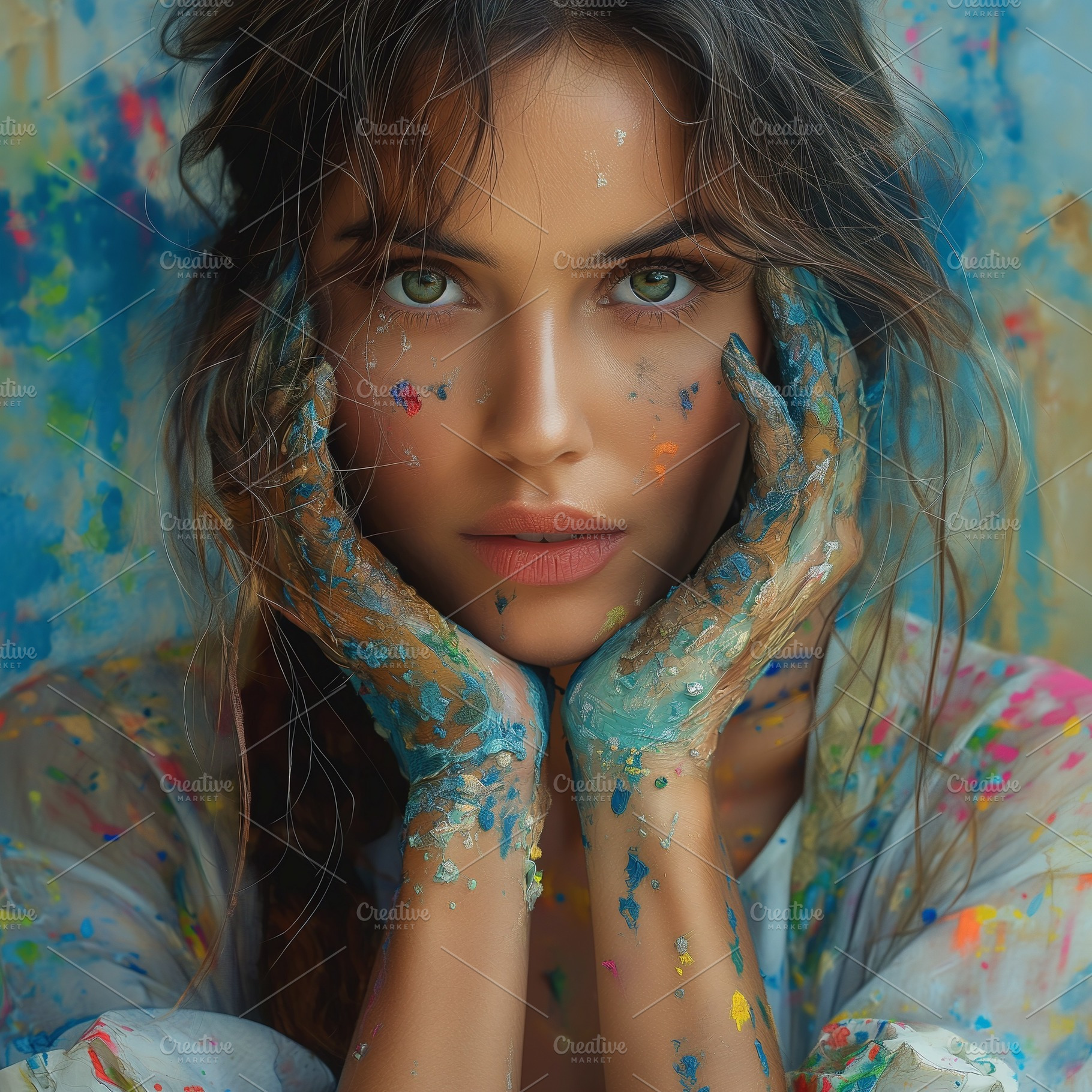 A young Caucasian woman poses with colorful paint on her face and hands, showca, a Person Photo by ImageMir