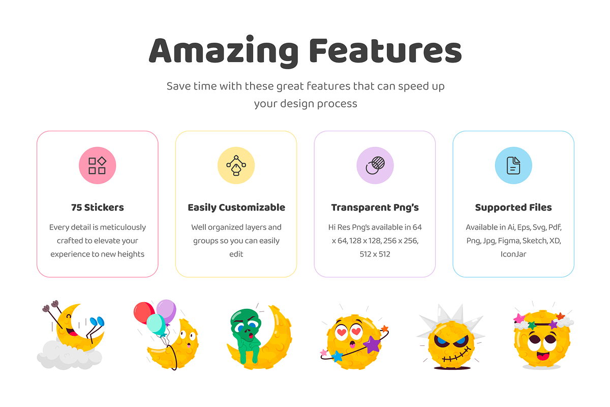 Moon Cartoon Stickers Set, an Emoji Icon by Vectors Market (Photo 2 of 6)